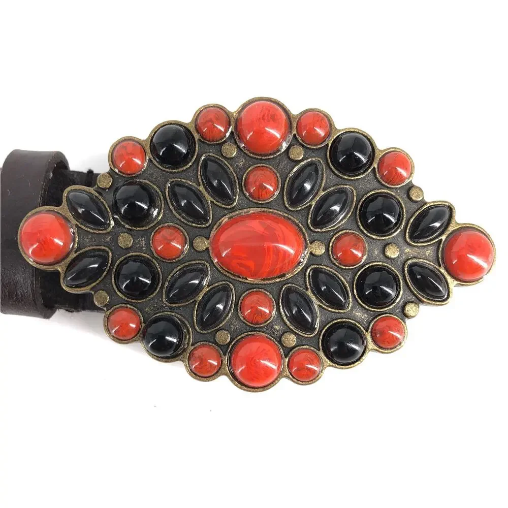90s braided leather belt with multi stone buckle 1990s vintage